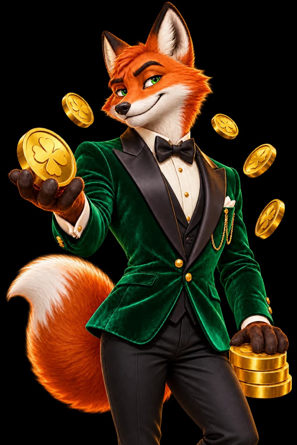 Felix, the Spinluckclub fox, in an emerald velvet tuxedo holding a golden clover coin
