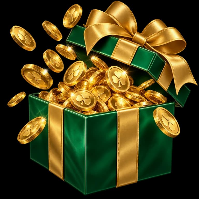 An emerald gift box overflowing with golden clover coins